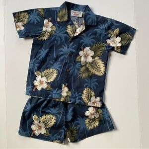 Hawaiian Shirt Shorts Set 2 Piece Pacific Legend Blue Floral Authentic Cotton